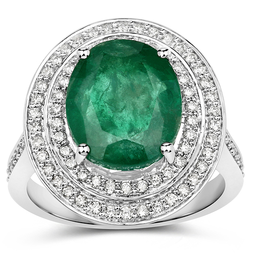 6.85 Carat Genuine Brazilian Emerald and White Diamond 14K White Gold Ring
