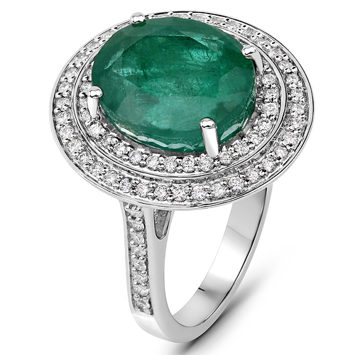 6.85 Carat Genuine Brazilian Emerald and White Diamond 14K White Gold Ring