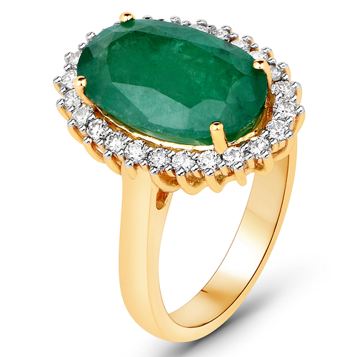 6.06 Carat Genuine Brazilian Emerald and White Diamond 14K Yellow Gold Ring