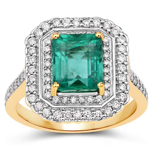 3.30 Carat Genuine Zambian Emerald and White Diamond 18K Yellow Gold Ring