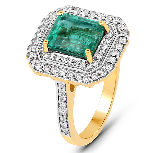 3.30 Carat Genuine Zambian Emerald and White Diamond 18K Yellow Gold Ring