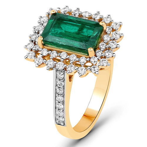 2.90 Carat Genuine Zambian Emerald and White Diamond 18K Yellow Gold Ring