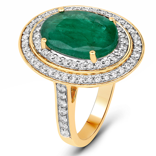 5.16 Carat Genuine Brazilian Emerald and White Diamond 18K Yellow Gold Ring