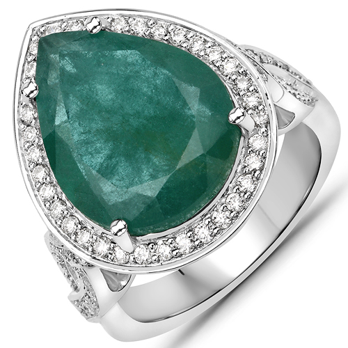 Emerald-9.00 Carat Genuine Brazilian Emerald and White Diamond 14K White Gold Ring