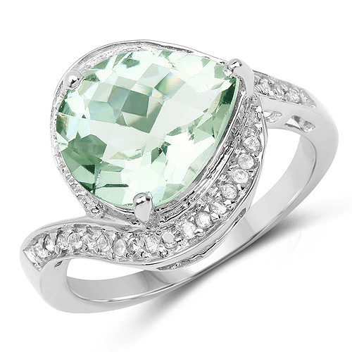 3.76 Carat Genuine Green Amethyst and White Topaz .925 Sterling Silver Ring