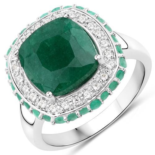 Emerald-4.90 Carat Dyed Emerald, Emerald and White Topaz .925 Sterling Silver Ring