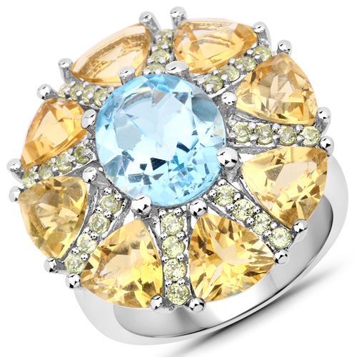 Rings-9.04 Carat Genuine Blue Topaz, Citrine and Peridot .925 Sterling Silver Ring