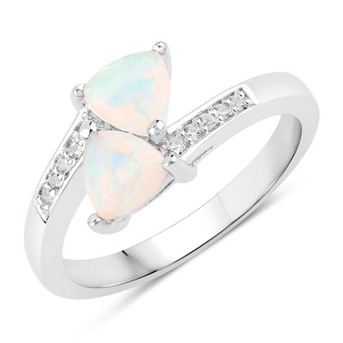 Opal-0.65 Carat Genuine Ethiopian Opal and Created White Sapphire .925 Sterling Silver Ring