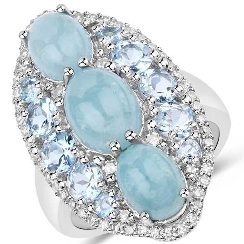 Rings-7.09 Carat Genuine Aquamarine and White Diamond .925 Sterling Silver Ring