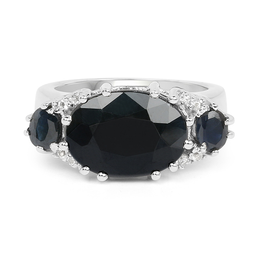 8.62 Carat Genuine Black Sapphire & White Topaz .925 Sterling Silver Ring