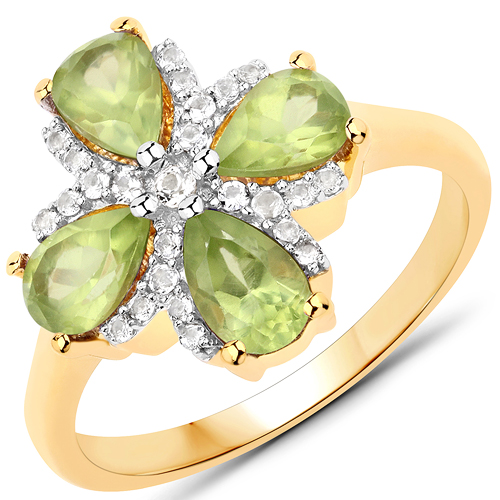 18K Yellow Gold Plated 1.79 Carat Genuine Peridot and White Topaz .925 Sterling Silver Ring