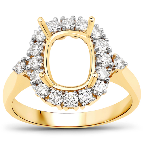 0.54 Carat Genuine White Diamond 14K Yellow Gold Semi Mount Ring - holds 9x7mm Cushion Gemstone