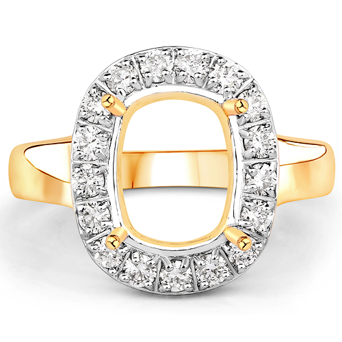 0.51 Carat Genuine White Diamond 14K Yellow Gold Semi Mount Ring - holds 10x8mm Cushion Gemstone