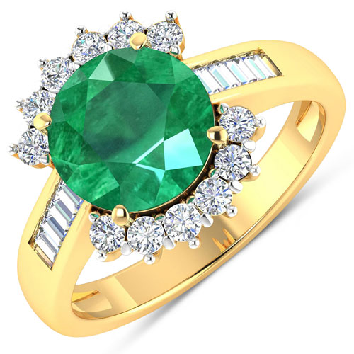 Emerald-3.18 Carat Genuine Zambian Emerald and White Diamond 14K Yellow Gold Ring