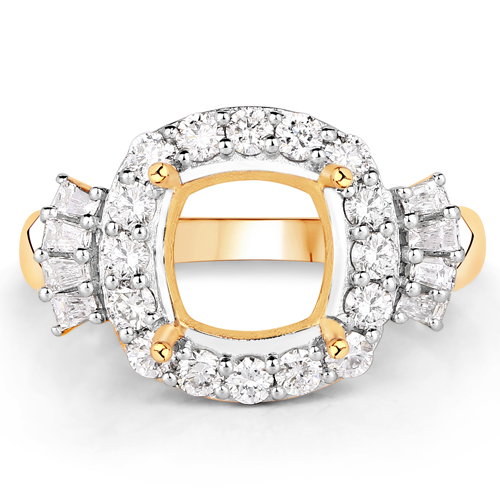 0.73 Carat Genuine White Diamond 14K Yellow Gold Semi Mount Ring - holds 8x8mm Cushion Gemstone