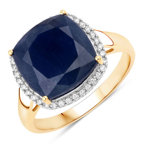 Sapphire-7.71 Carat Genuine Blue Sapphire  and White Diamond 14K Yellow Gold Ring