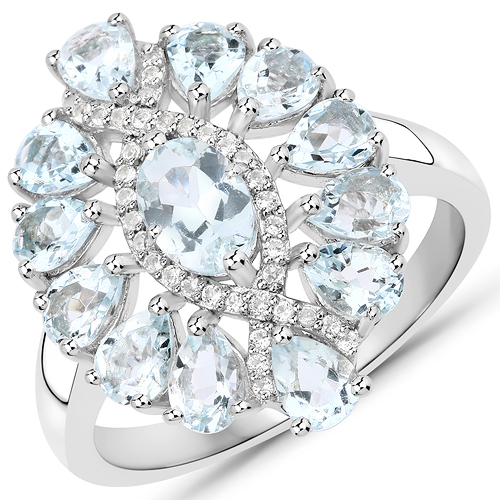 Rings-1.89 Carat Genuine Aquamarine and White Topaz .925 Sterling Silver Ring