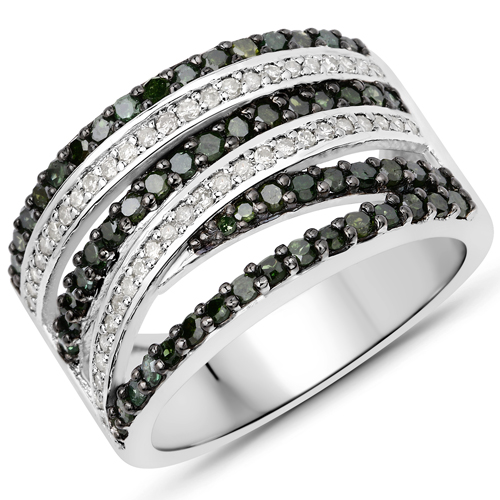 Diamond-0.99 Carat Genuine Green Diamond and White Diamond .925 Sterling Silver Ring