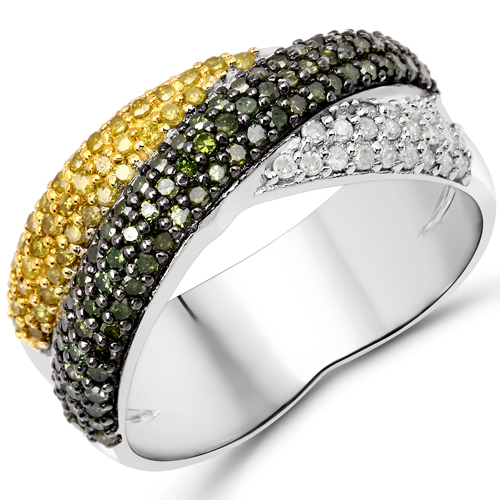 Diamond-0.76 Carat Genuine Yellow Diamond, Green Diamond and White Diamond .925 Sterling Silver Ring