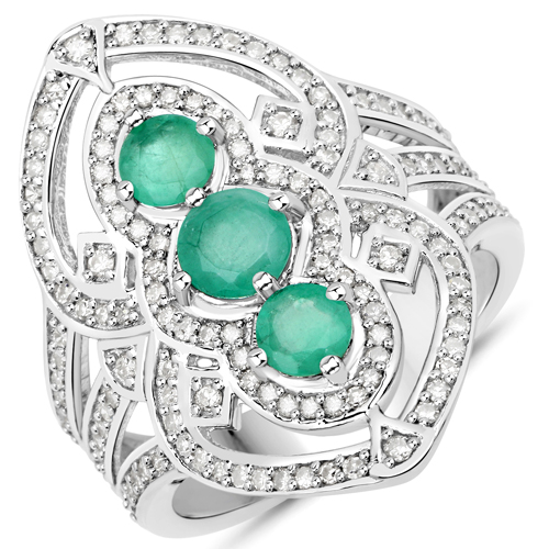 Emerald-1.42 Carat Genuine Emerald and White Diamond .925 Sterling Silver Ring