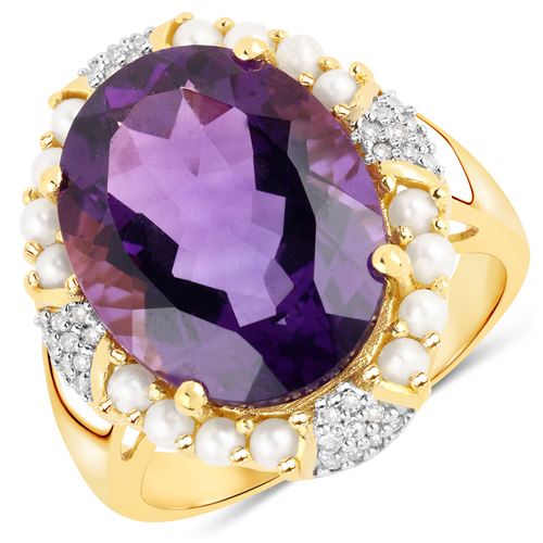 9.00 Carat Genuine Amethyst, Pearl and White Diamond .925 Sterling Silver Ring