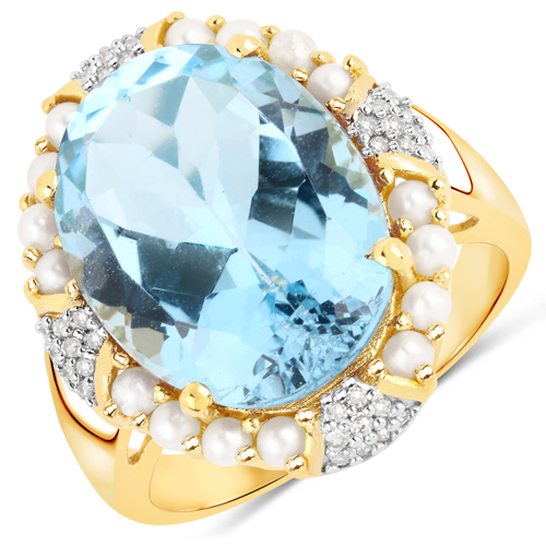 Rings-13.30 Carat Genuine Blue Topaz, Pearl and White Diamond .925 Sterling Silver Ring