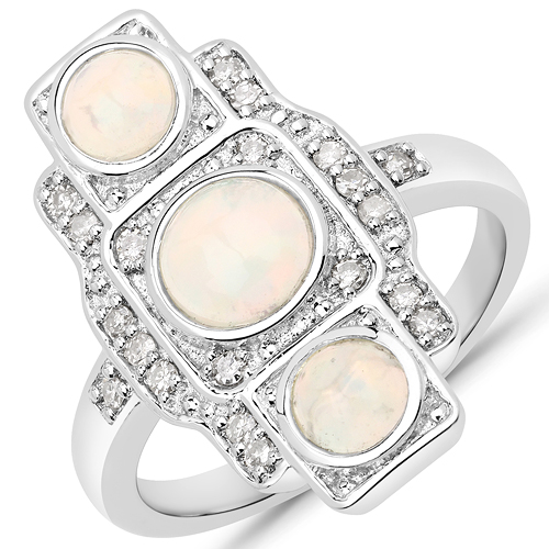 Opal-1.20 Carat Genuine Ethiopian Opal and White Diamond .925 Sterling Silver Ring