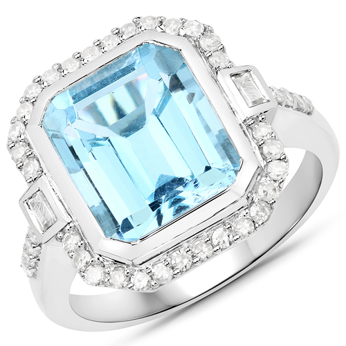 Rings-7.36 Carat Genuine Blue Topaz, White Topaz and White Diamond .925 Sterling Silver Ring