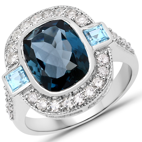 Rings-5.27 Carat Genuine London Blue Topaz, Swiss Blue Topaz and White Diamond .925 Sterling Silver Ring