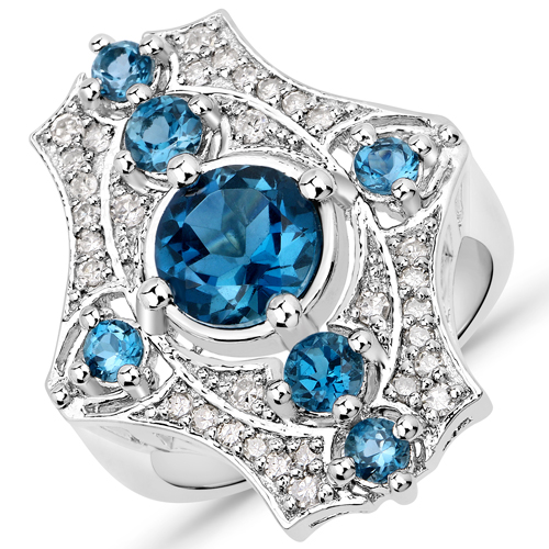 Rings-2.84 Carat Genuine London Blue Topaz and White Diamond .925 Sterling Silver Ring