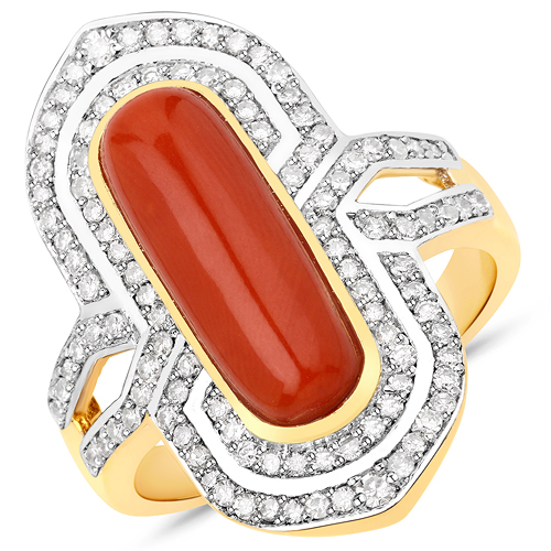Rings-3.78 Carat Genuine Red Coral and White Diamond .925 Sterling Silver Ring