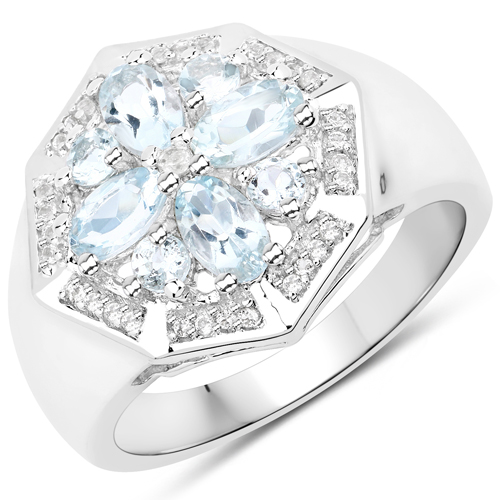 Rings-1.13 Carat Genuine Aquamarine and White Topaz .925 Sterling Silver Ring