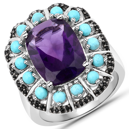 Amethyst-6.03 Carat Genuine Amethyst, Turquoise and Black Spinel .925 Sterling Silver Ring