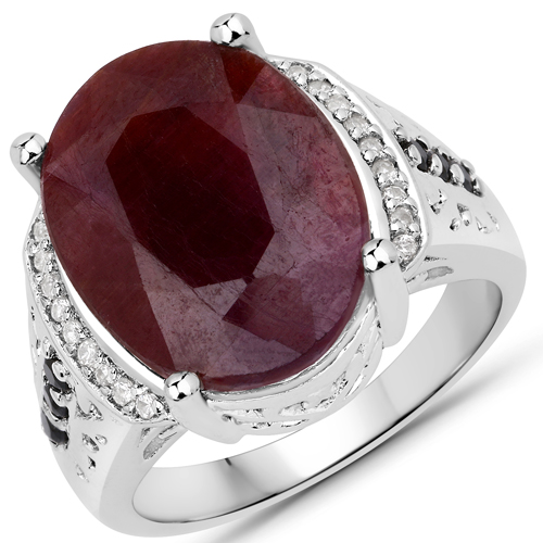 Ruby-10.13 Carat Genuine Ruby, Black Spinel and White Zircon .925 Sterling Silver Ring