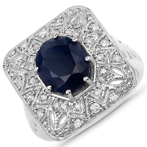 Sapphire-3.57 Carat Genuine Blue Sapphire and White Diamond .925 Sterling Silver Ring