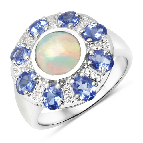 Opal-2.07 Carat Genuine Ethiopian Opal, Tanzanite and White Topaz .925 Sterling Silver Ring