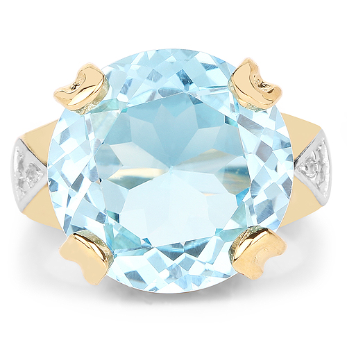14K Yellow Gold Plated 12.98 Carat Genuine Blue Topaz and White Topaz .925 Sterling Silver Ring