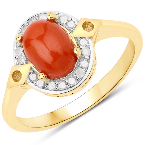 Rings-1.47 Carat Genuine Coral and White Diamond .925 Sterling Silver Ring