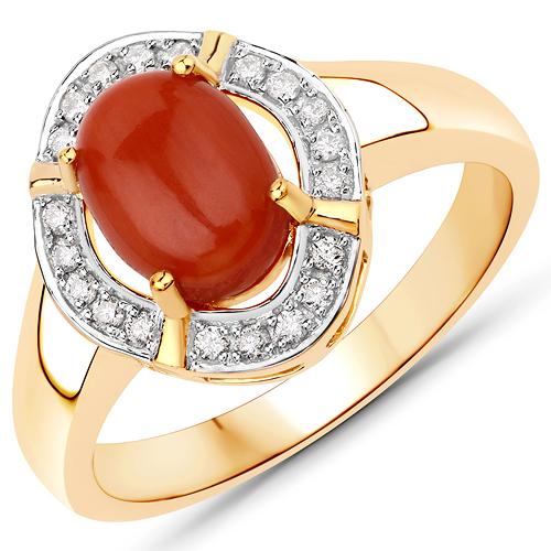 Rings-1.48 Carat Genuine Coral and White Diamond 14K Yellow Gold Ring