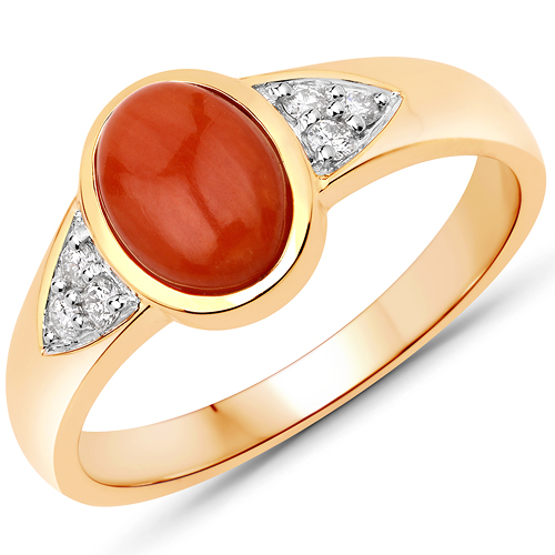 Rings-1.43 Carat Genuine Coral and White Diamond 14K Yellow Gold Ring