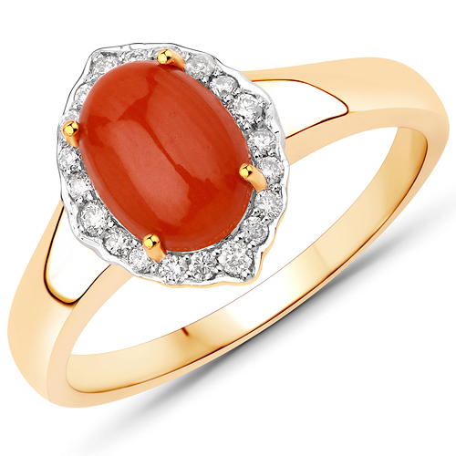 1.49 Carat Genuine Coral and White Diamond 14K Yellow Gold Ring