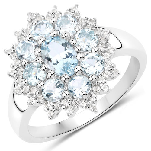 Rings-1.40 Carat Genuine Aquamarine and White Topaz .925 Sterling Silver Ring