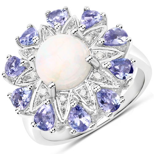 Opal-2.32 Carat Genuine Ethiopian Opal, Tanzanite and White Diamond .925 Sterling Silver Ring