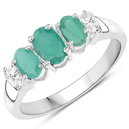 Emerald-0.93 Carat Genuine Emerald and White Topaz .925 Sterling Silver Ring