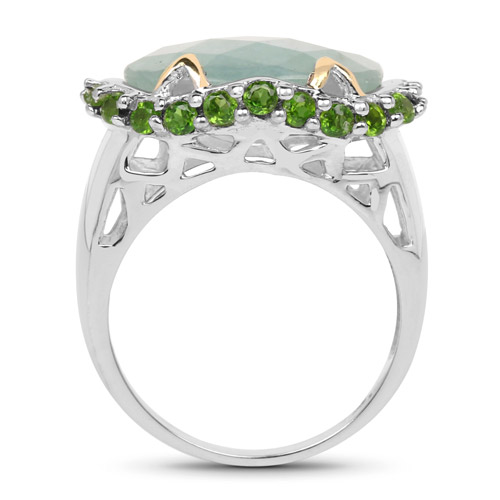 Two Tone Plated 9.12 Carat Genuine Milky Aquamarine and Chrome Diopside .925 Sterling Silver Ring