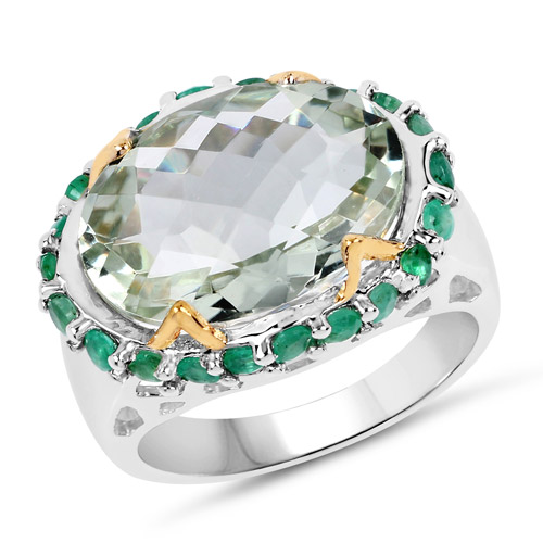 Amethyst-Two Tone Plated 8.86 Carat Genuine Green Amethyst and Emerald .925 Sterling Silver Ring