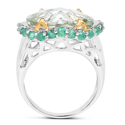 Two Tone Plated 8.86 Carat Genuine Green Amethyst and Emerald .925 Sterling Silver Ring