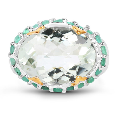 Two Tone Plated 8.86 Carat Genuine Green Amethyst and Emerald .925 Sterling Silver Ring