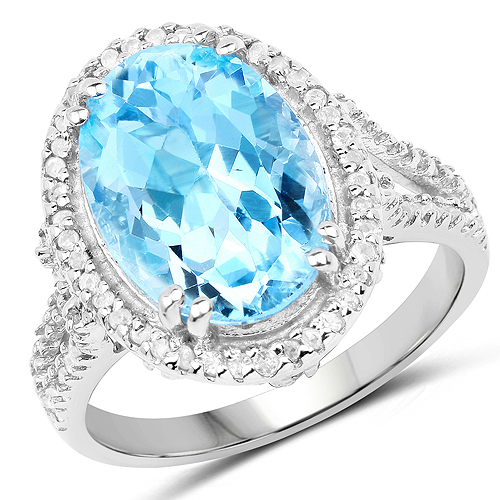 Rings-8.15 Carat Genuine Blue Topaz and White Topaz .925 Sterling Silver Ring