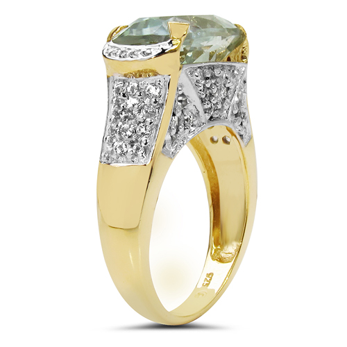 14K Yellow Gold Plated 6.81 Carat Genuine Green Amethyst & White Topaz .925 Sterling Silver Ring